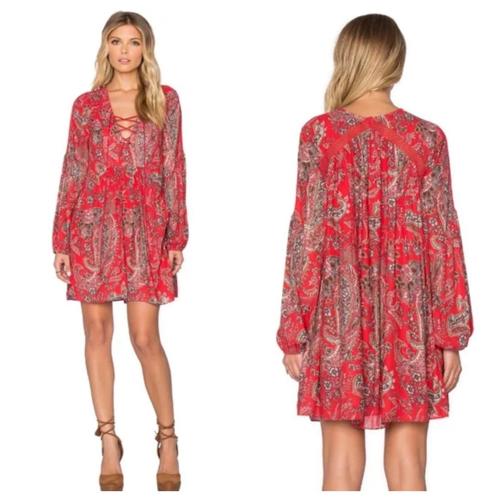 Free People Red Paisley Lace Up Boho Mini Dress Size Small